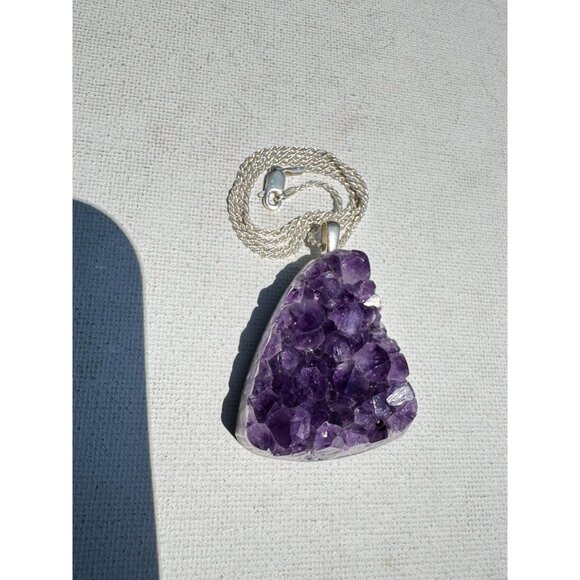 Amethyst Druzy Crystal Pendant Necklace Sterling Silver Chain - New Old Stock - Picture 8 of 8